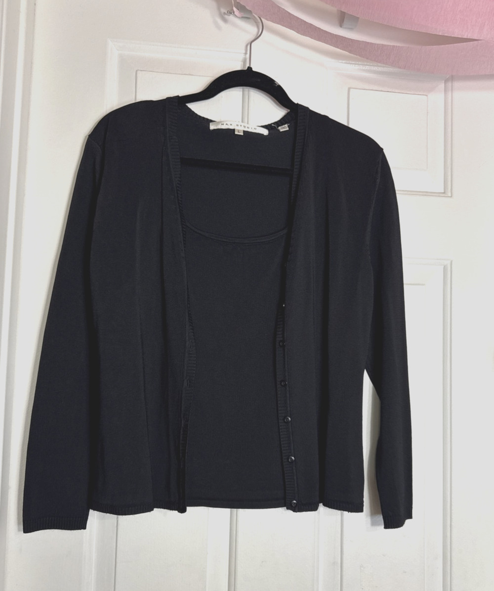 Max Studio Black Cardigan Twinset Duet Mock Layer 2 in 1 Elevated Basic Chic L
